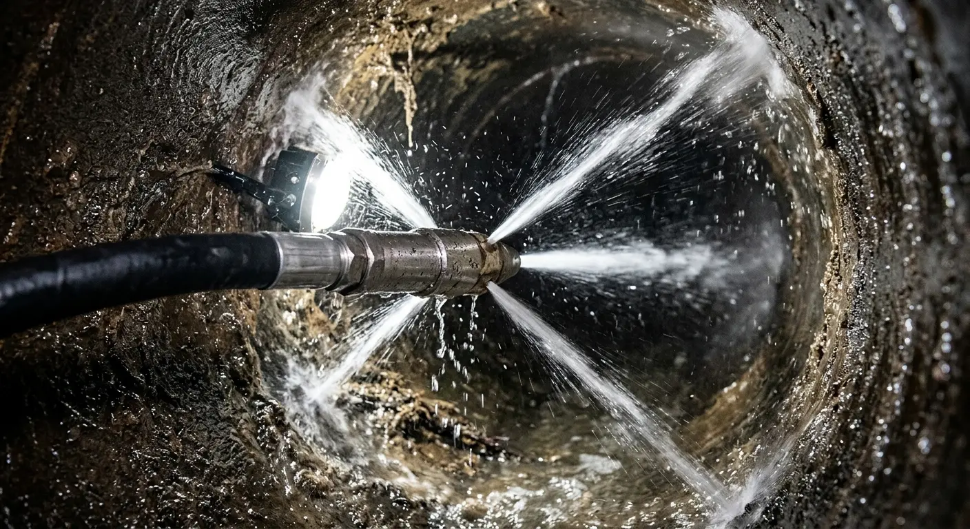 High-pressure hydro jetting nozzle cleaning sewer pipe for Emergency Drain Service in San Ramon