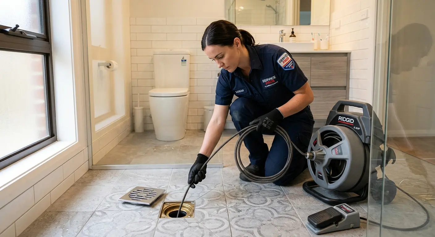 Technician clearing a bathroom floor drain for Sewer Line Replacement in San Ramon
